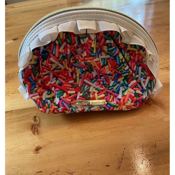 Betsy Johnson Rainbow Sprinkles Half Round Cosmetic Bag Coquette Feminine Ruffle - Picture 1 of 11